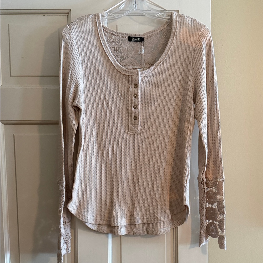 Miss Me Beige Lace Cuff Henley Top